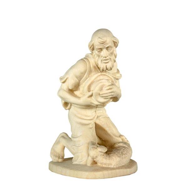 Shepherd kneeling with sheep - natural Wood carving in natural wood, without any surface treatment