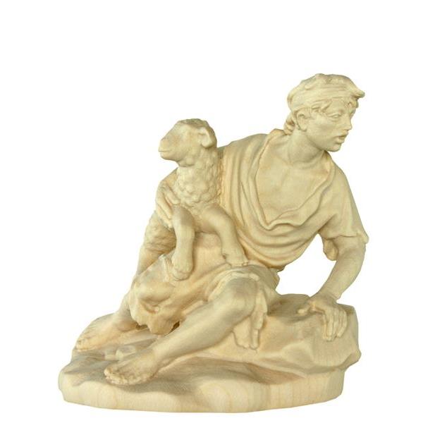 Shepherd sitting with sheep - natural Wood carving in natural wood, without any surface treatment